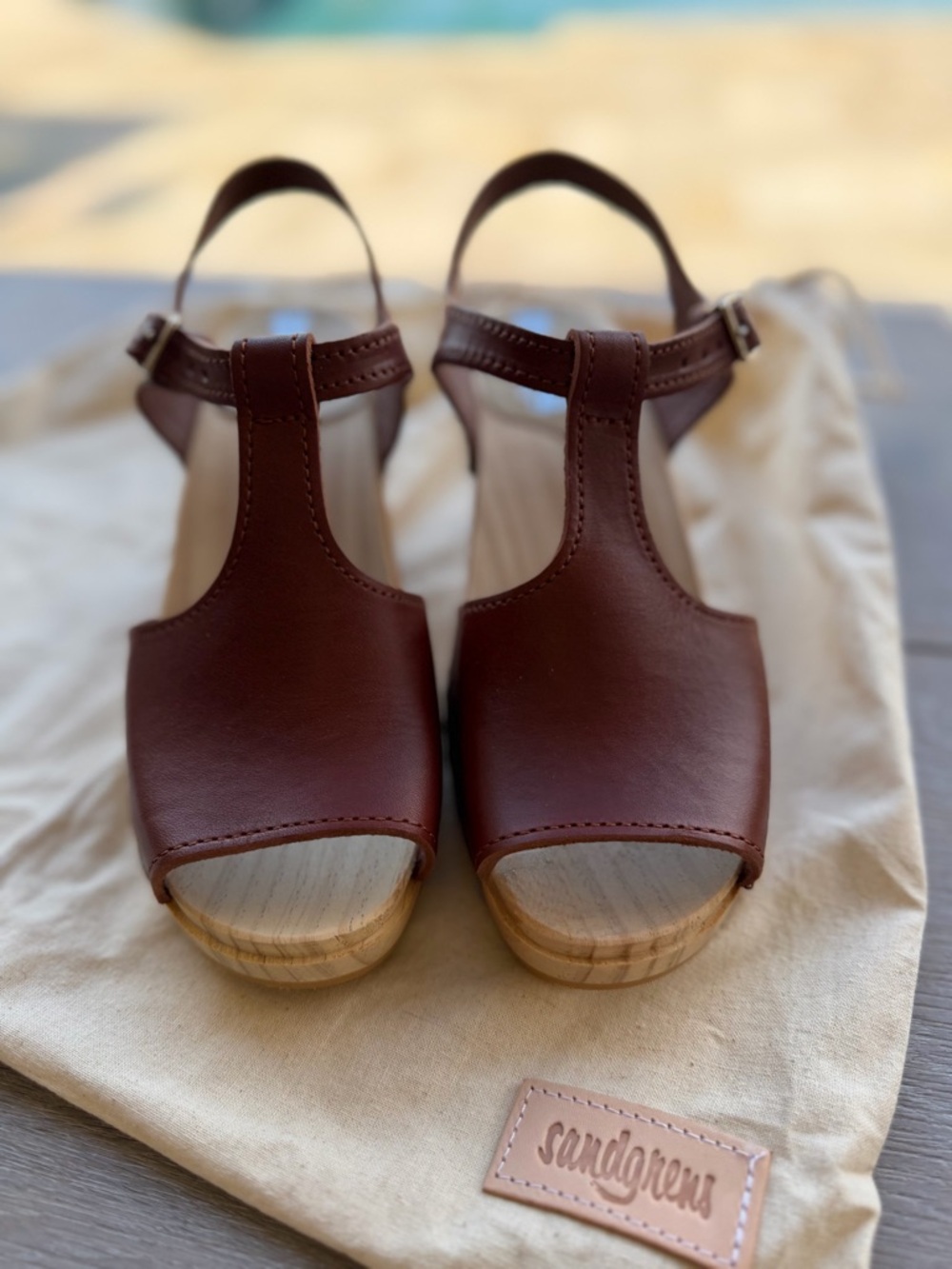 Sandgrens Women's Cognac Leather T-Strap Sandal Clog
